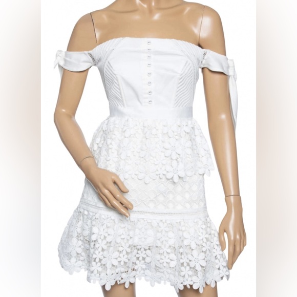Self Portrait White Guipure Lace Tiered Off Shoulder Mini Dress - Picture 1 of 7